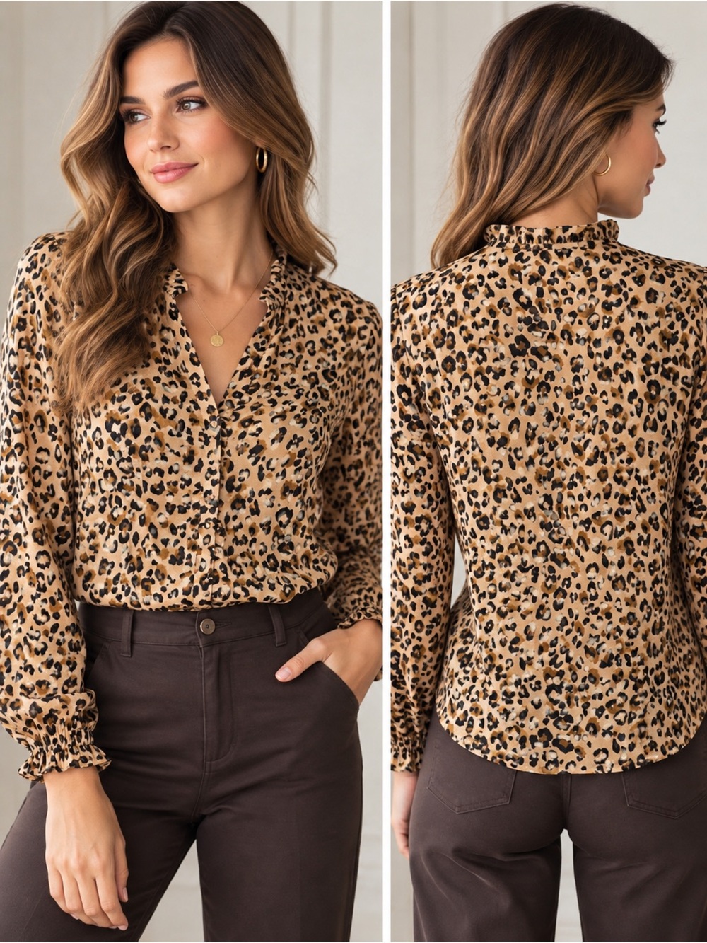 J. Crew Leopard Print Ruffle Neck Button Front Blouse Size XS EUC